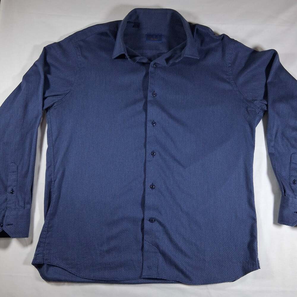 David Donahue Men's L Blue Geometric Textured Button Down Shirt Long Sleeve